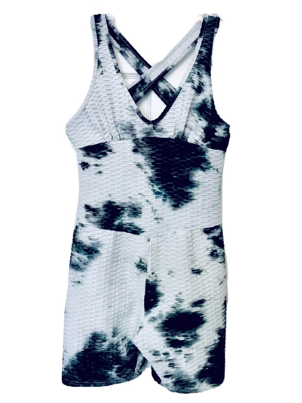 Shein Curve Womens 2XL Grey Blue Tie Dye Pucker Criss Cross Ruched Back Romper